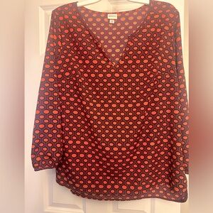 Women’s Merona dress shirt, 3/4 sleeve in burgundy/orange/navy pattern - size L